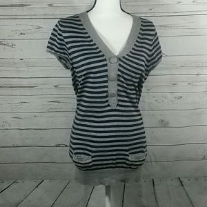 100% cotton v-neck nautical stripes sweater med